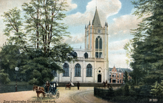 15787 Gezicht op de linkergevel (ged.) en de toren van de Nederlands-hervormde kerk (1e Dorpsstraat 1) te Zeist uit het ...